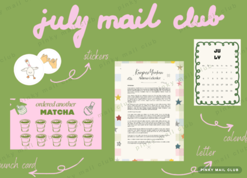 Ağustos mail club düzeni: mektup, punch card ve stickerlar bir arada